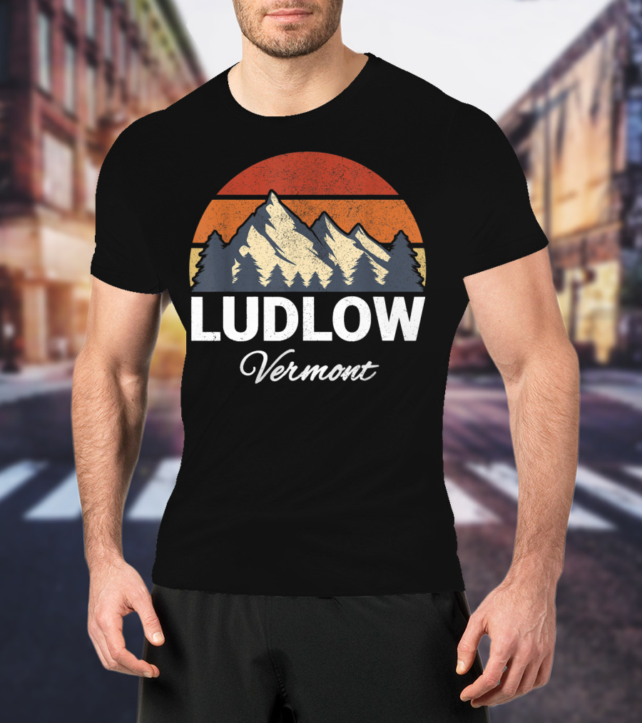 Ludlow Vermont Mountain Forest Retro Sunset T-Shirt