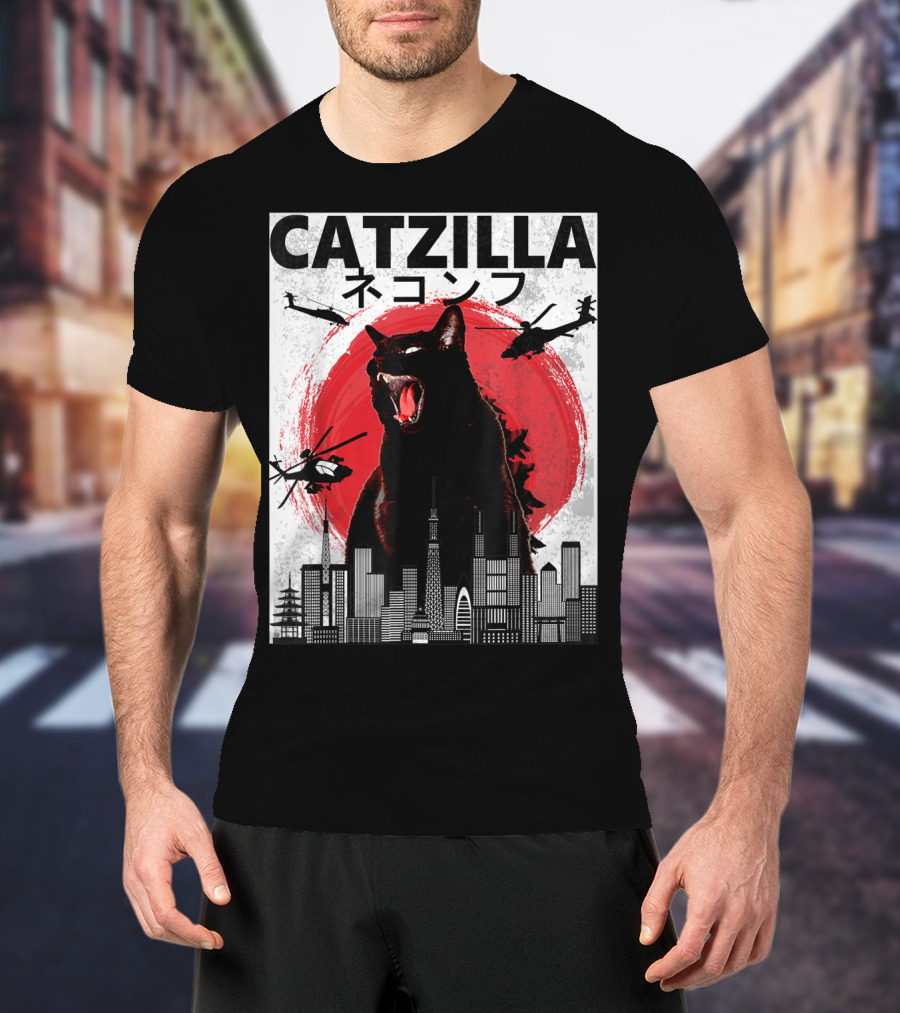 Catzilla Japanese Sunset Helicopters Cityscape Skyscraper Tower T-Shirt