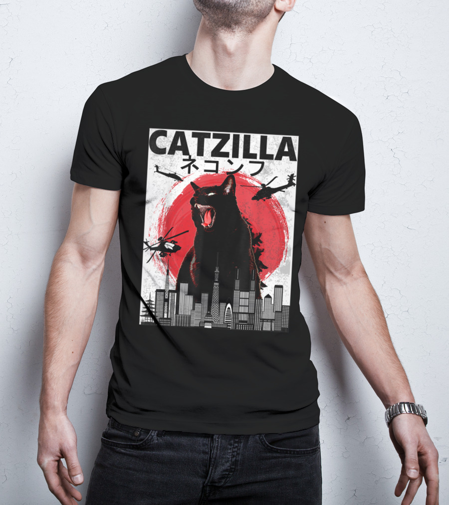 Catzilla Japanese Sunset Helicopters Cityscape Skyscraper Tower T-Shirt