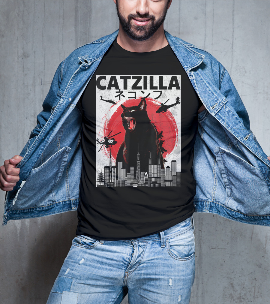 Catzilla Japanese Sunset Helicopters Cityscape Skyscraper Tower T-Shirt