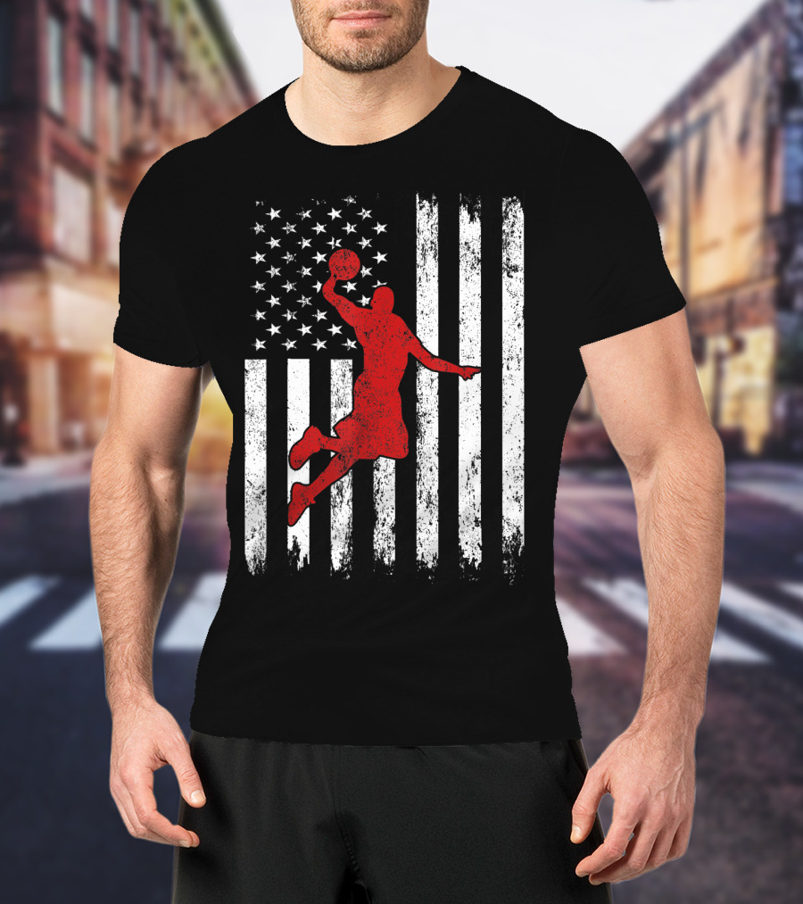 Proud American Basketball Vintage Flag Dunking T-Shirt