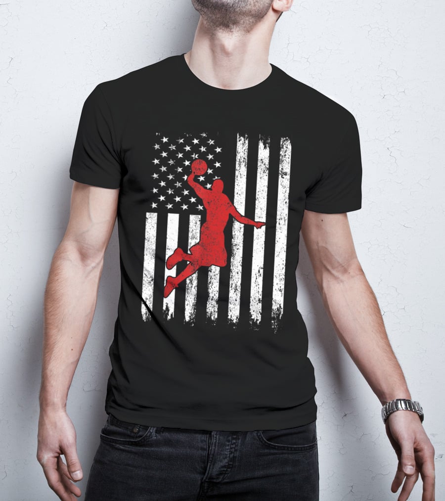 Proud American Basketball Vintage Flag Dunking T-Shirt