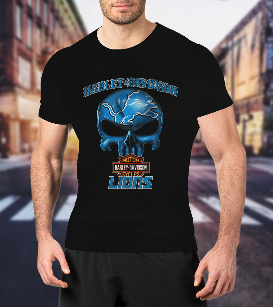 Harley Davidson Motor Cycles Lions Skull Detroit Nfl T-Shirt