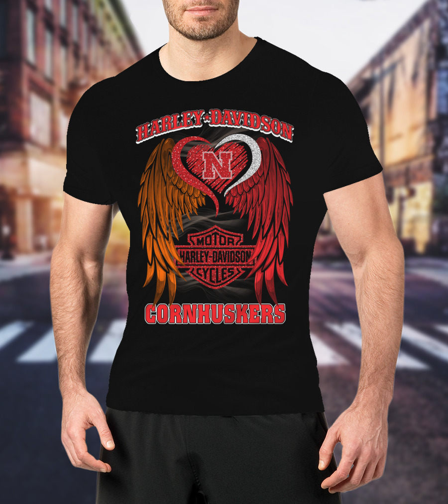 Harley Davidson Heart Wings Nebraska Cornhuskers Motorcycles T-Shirt