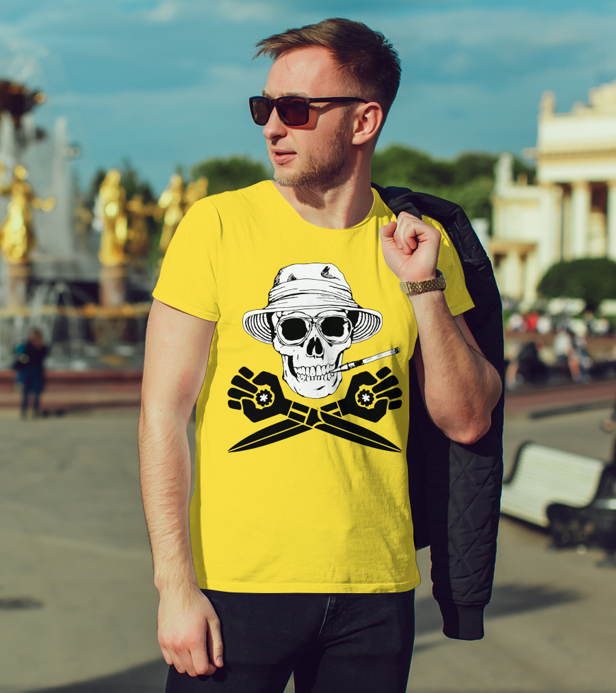 Hunter Thompson Skull Smoking With Hat And Scissors T-Shirt