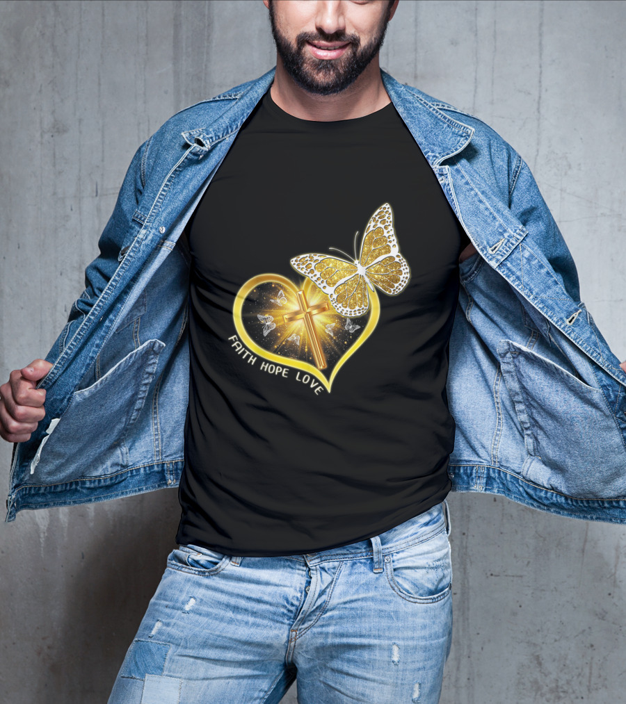 Faith Hope Love Butterfly Heart Christian Cross Jesus T-Shirt