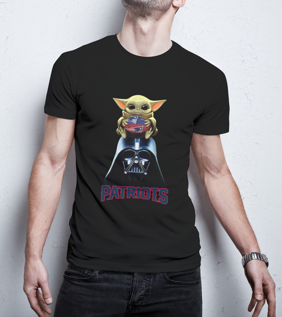 Darth Vader Baby Yoda Holding New England Patriots Football T-Shirt