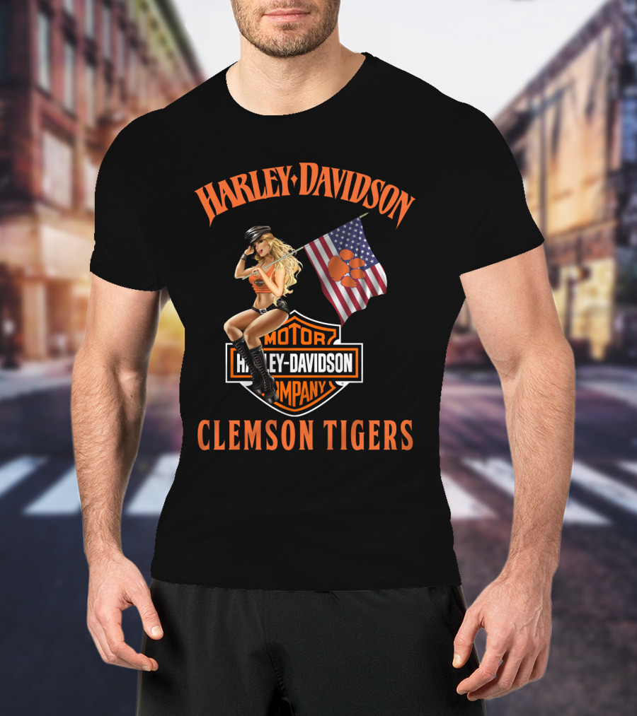 Harley Davidson Clemson Tigers American Flag Pin-Up Model T-Shirt