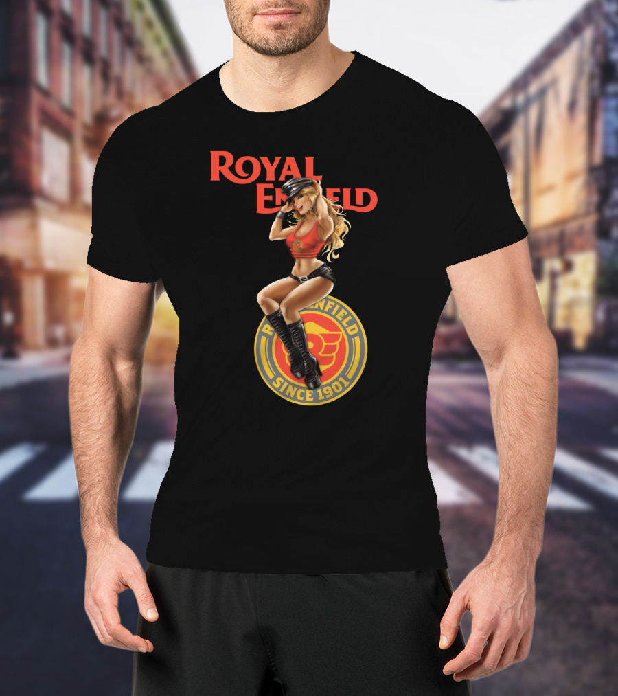 Royal Enfield Since 1901 With Pin-Up Girl In Red Top T-Shirt