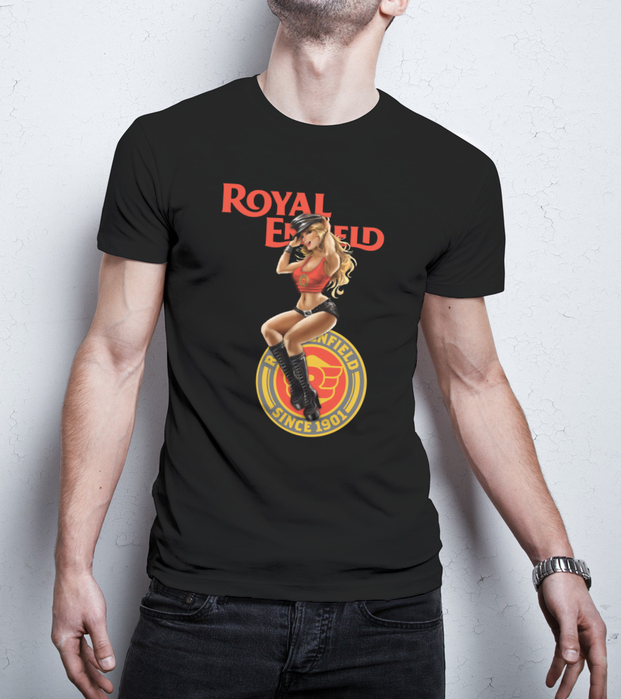 Royal Enfield Since 1901 With Pin-Up Girl In Red Top T-Shirt