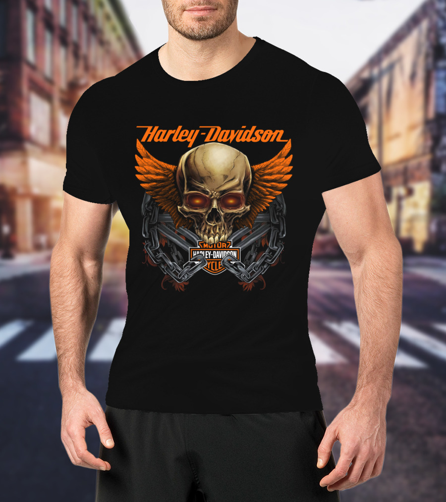 Harley Davidson Skull Wings And Chains Motorcycle Cycle T-Shirt