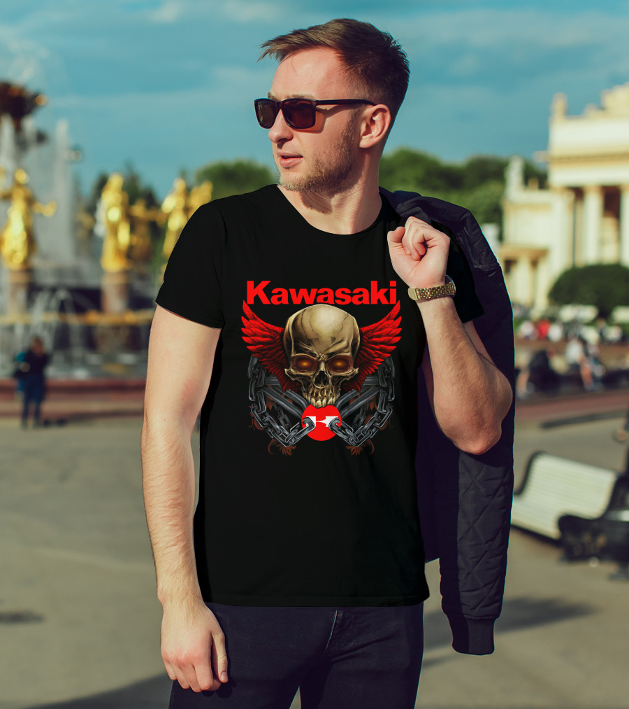 Kawasaki Red Winged Skull And Chains T-Shirt