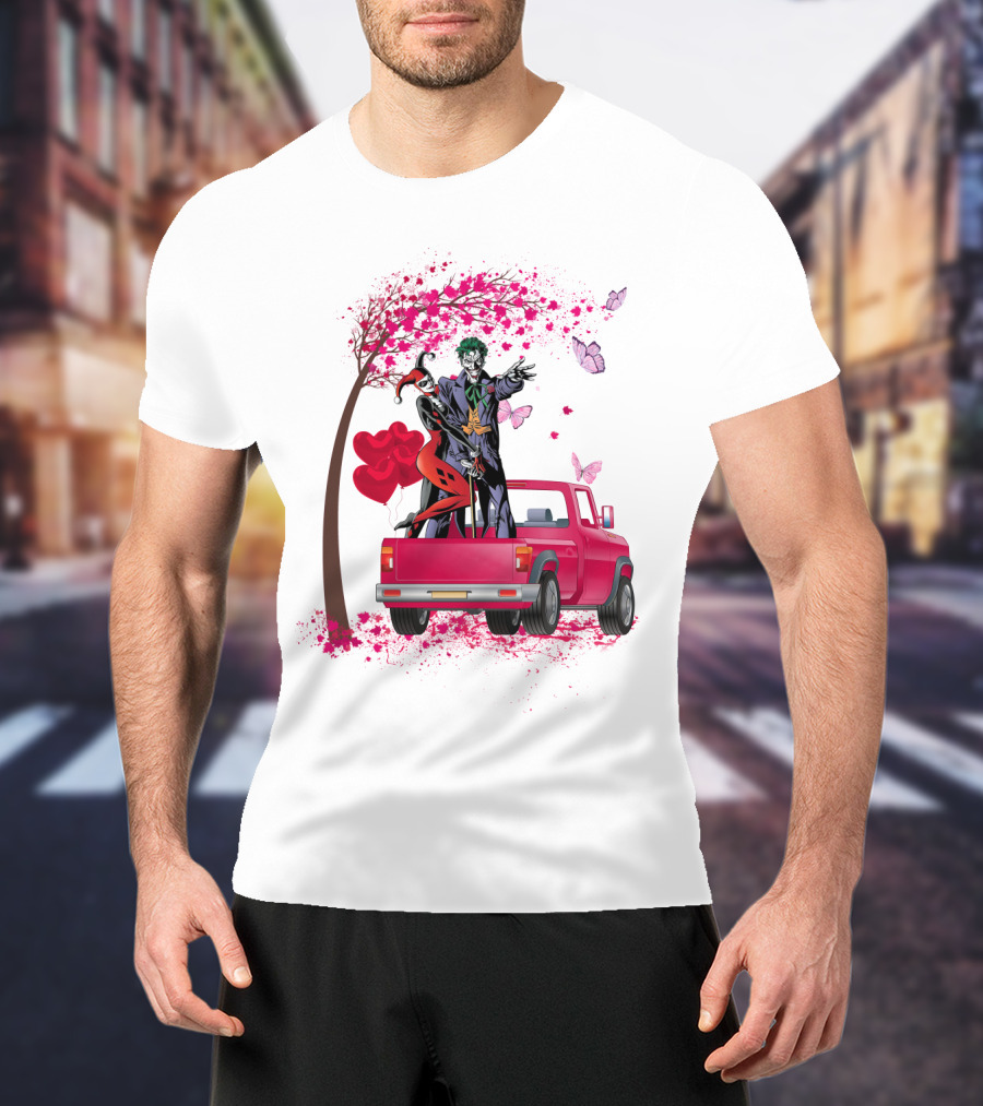 Harley Quinn And Joker Standing On Red Truck With Hearts And Butterflies T-Shirt