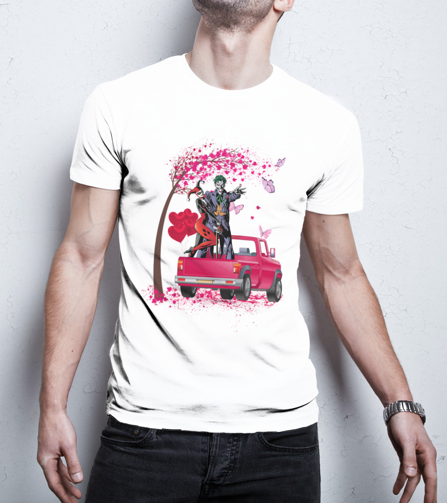 Harley Quinn And Joker Standing On Red Truck With Hearts And Butterflies T-Shirt
