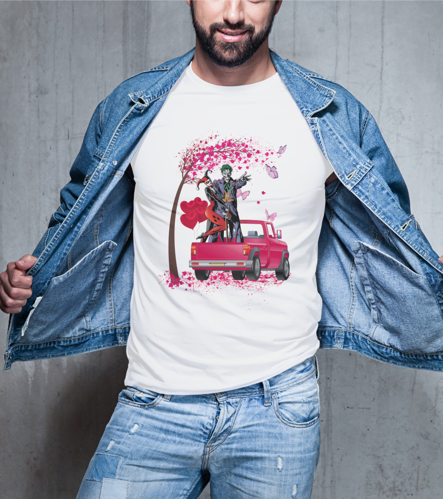 Harley Quinn And Joker Standing On Red Truck With Hearts And Butterflies T-Shirt