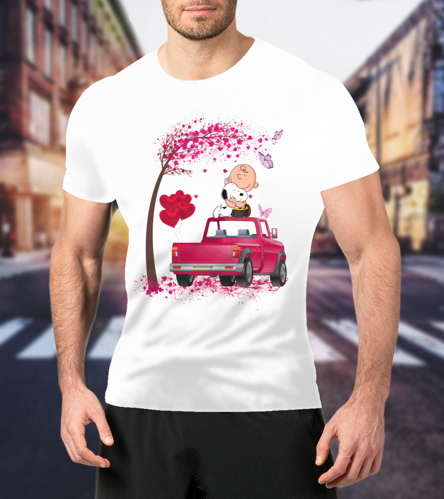 Snoopy Charlie Brown Red Truck Hearts Butterflies Tree T-Shirt