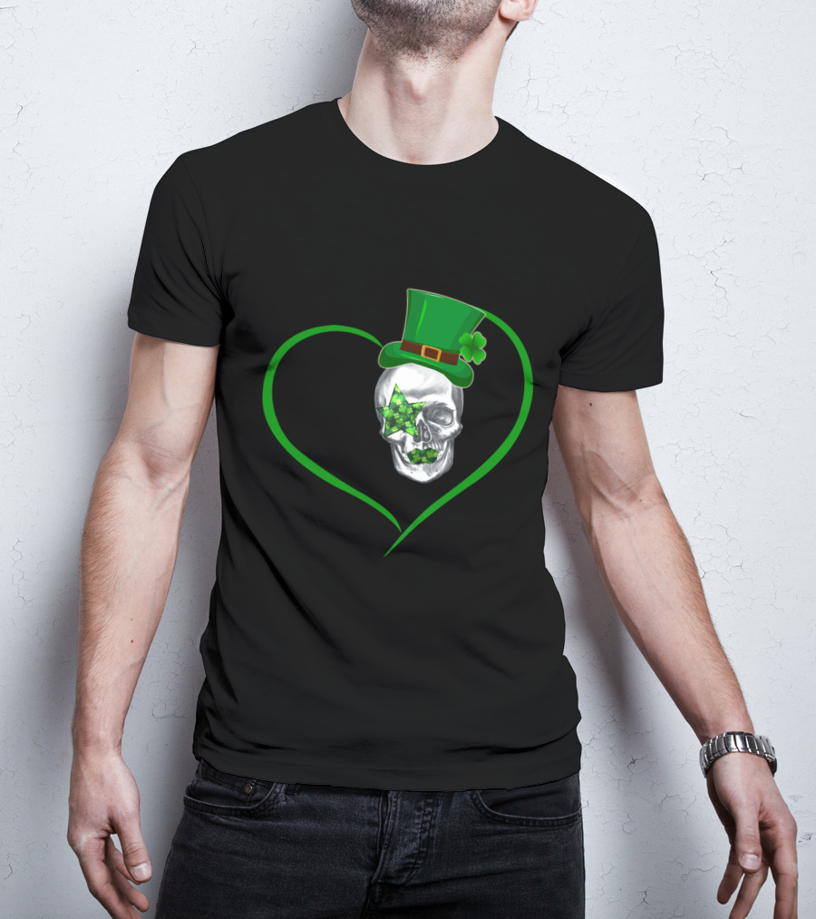 Kiss 02 Skull With Shamrock Star And Green Top Hat Inside Heart Shape T-Shirt
