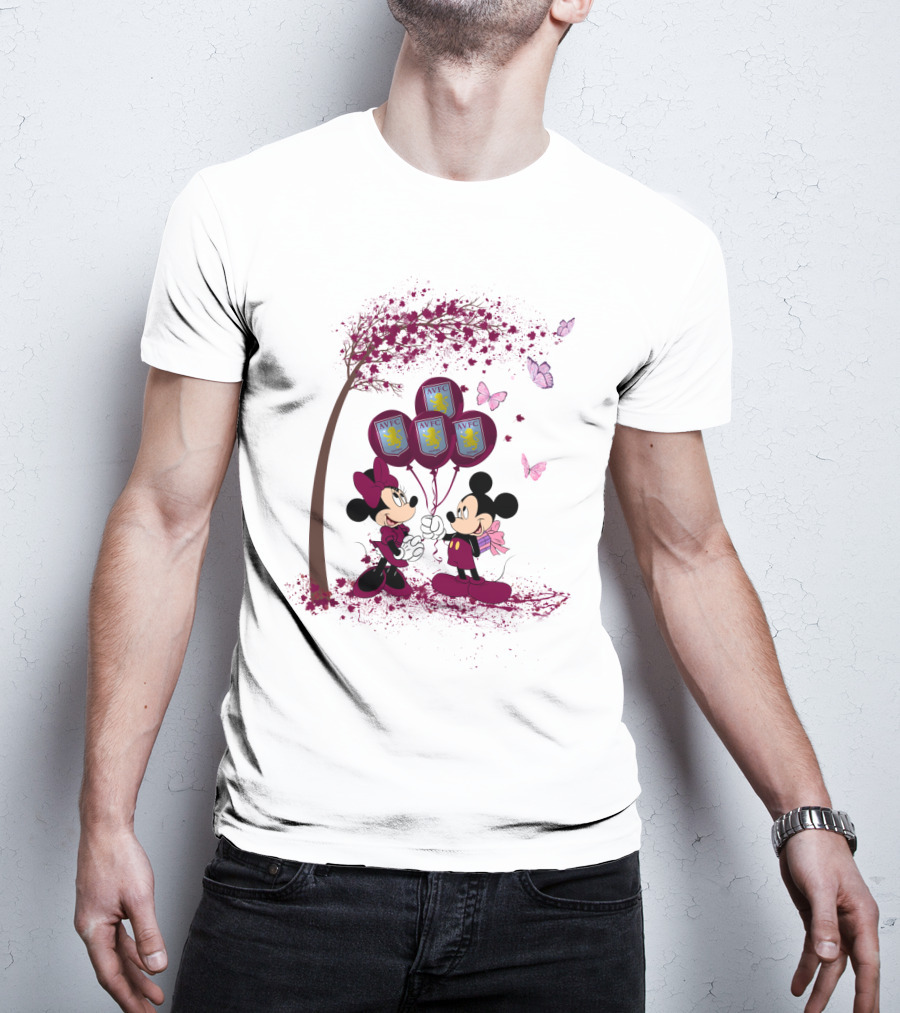 Aston Villa AVFC Balloons With Mickey And Minnie Under Cherry Blossom Tree T-Shirt