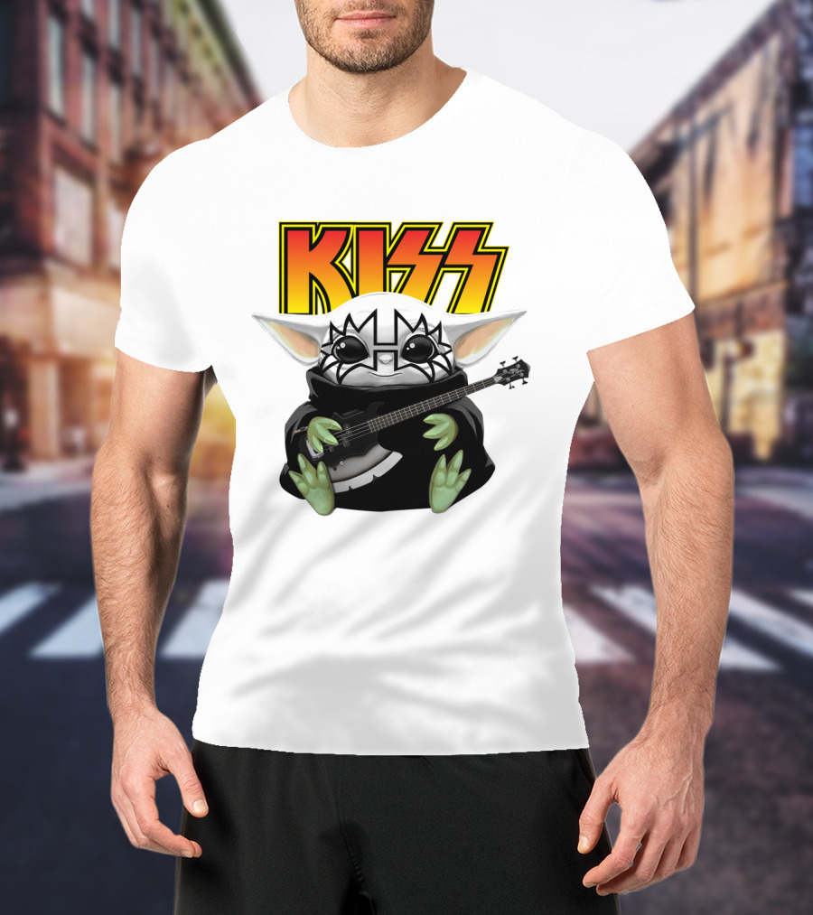 KISS Baby Yoda With Guitar In Tommy Thayer Makeup T-Shirt
