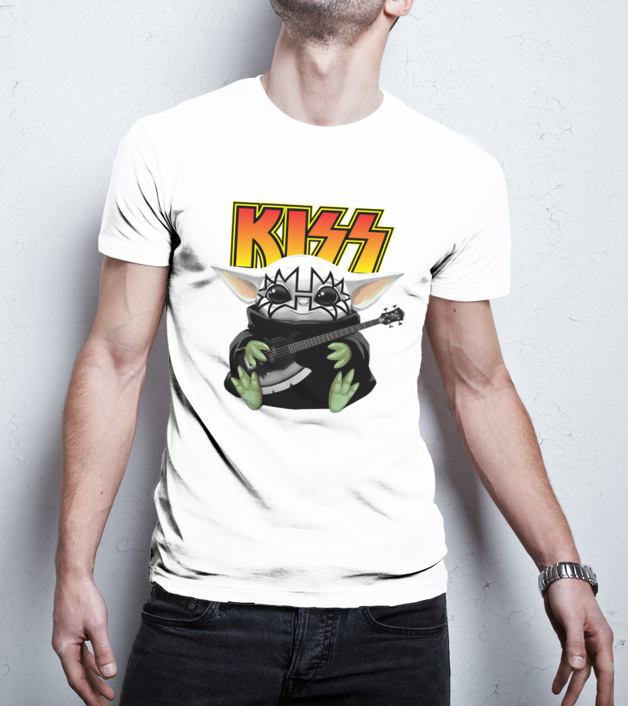 KISS Baby Yoda With Guitar In Tommy Thayer Makeup T-Shirt