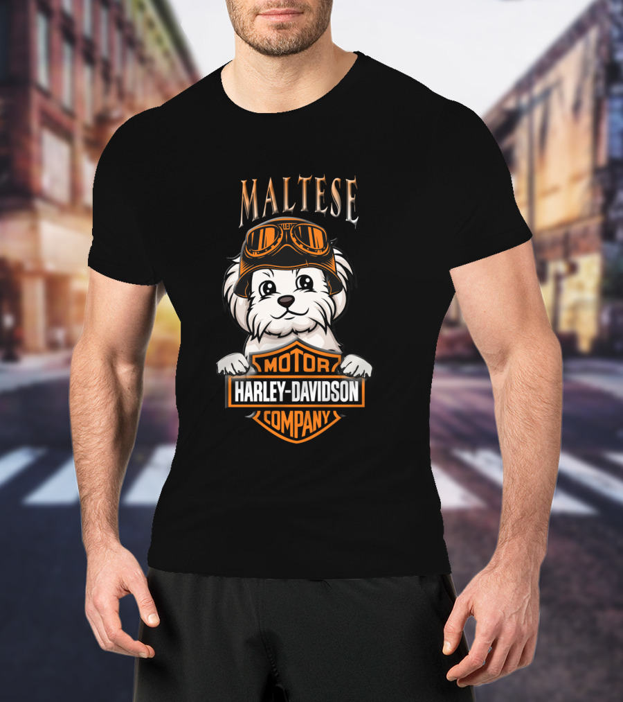 Maltese Harley Davidson Motor Company Dog With Goggles T-Shirt