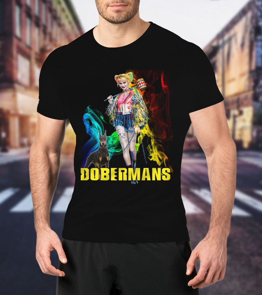 Harley Quinn Dobermans Colorful Character With Mallet And Dog T-Shirt