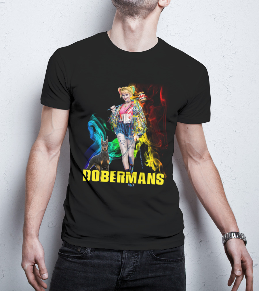 Harley Quinn Dobermans Colorful Character With Mallet And Dog T-Shirt