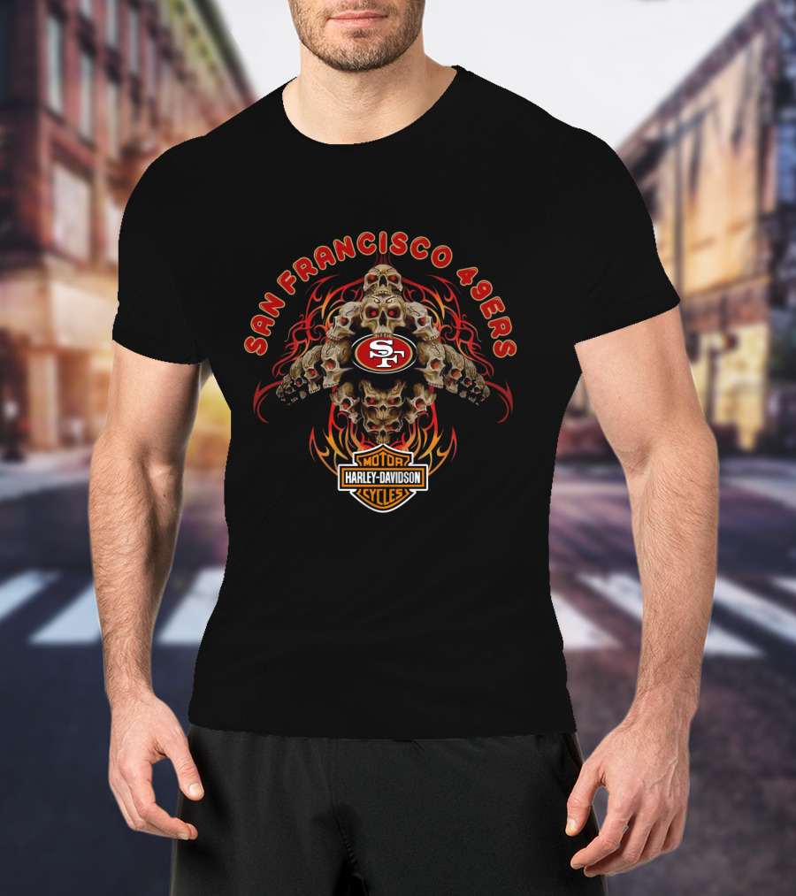 San Francisco 49ers Harley Davidson Skulls Logo Blend T-Shirt