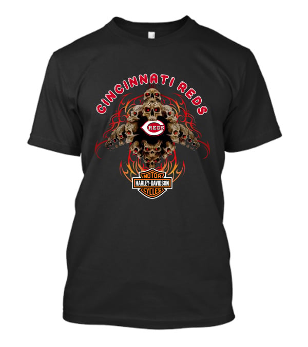 Cincinnati Reds Harley Davidson Skull Flame Motif T-Shirt