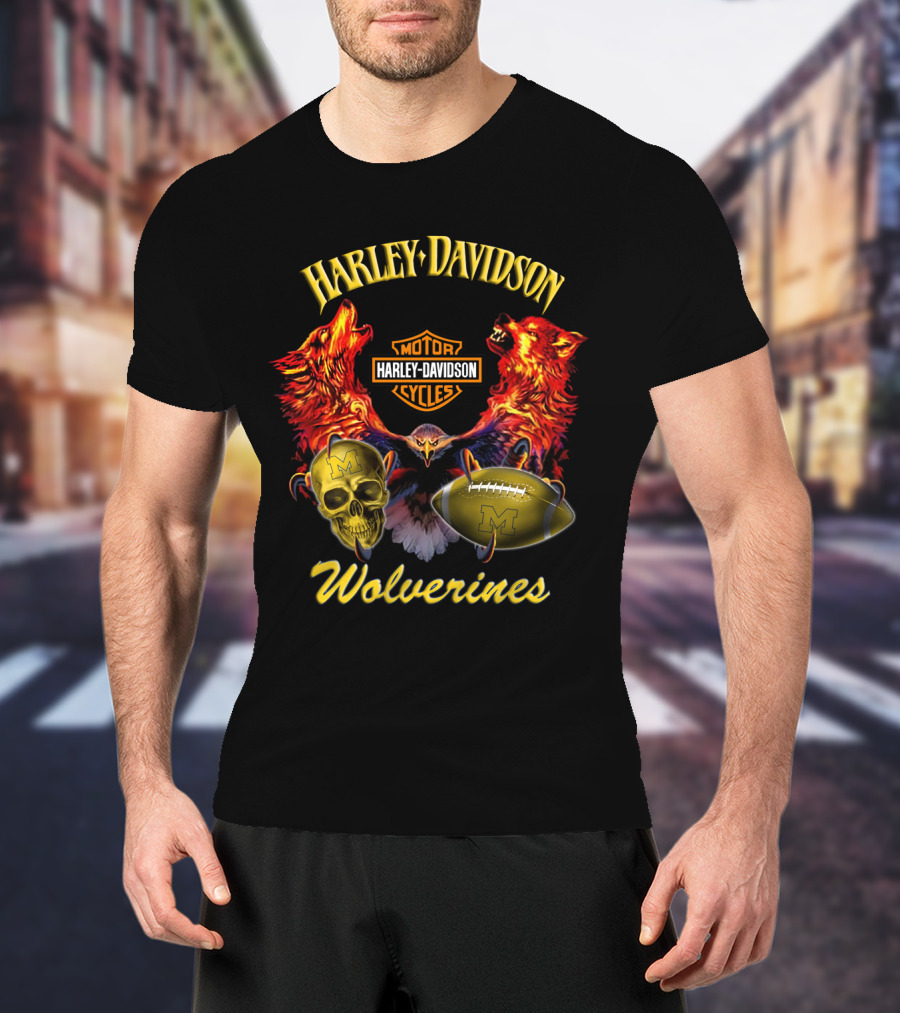 Harley Davidson Motorcycles Wolverines Football Skull T-Shirt