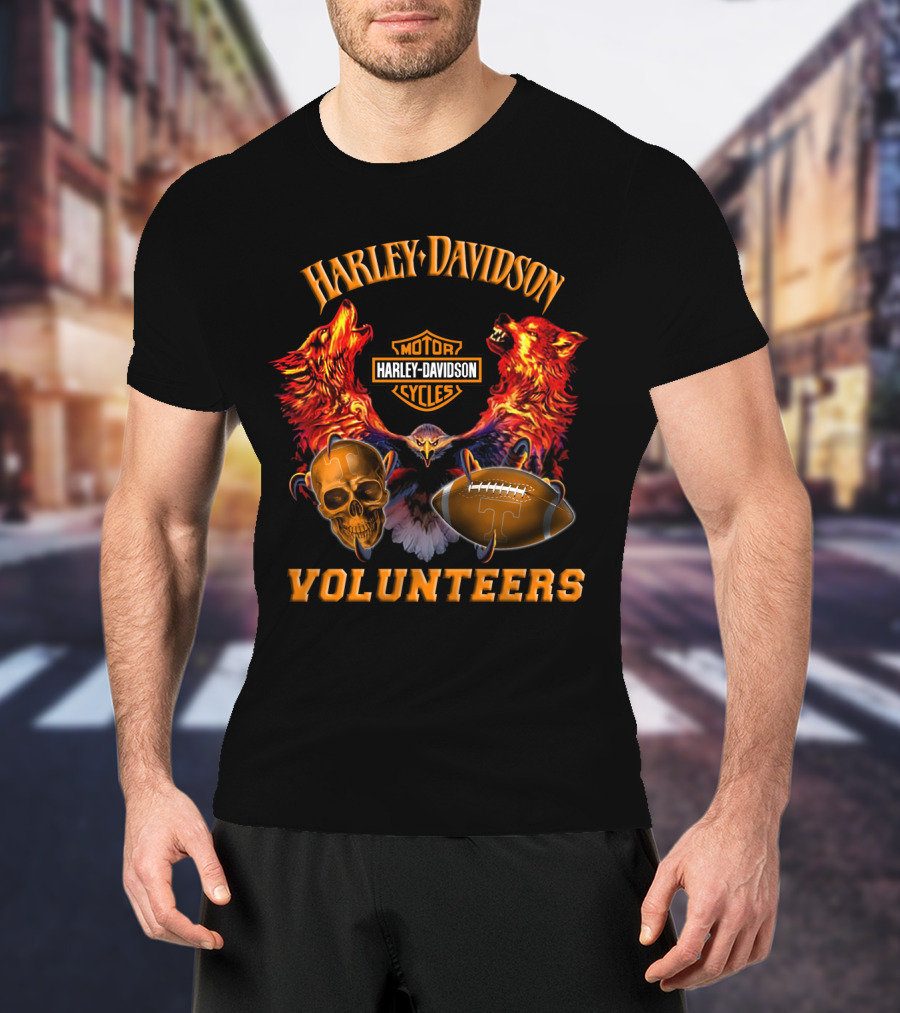 Harley Davidson Motor Cycles Tennessee Volunteers Wolves Skull Football T-Shirt
