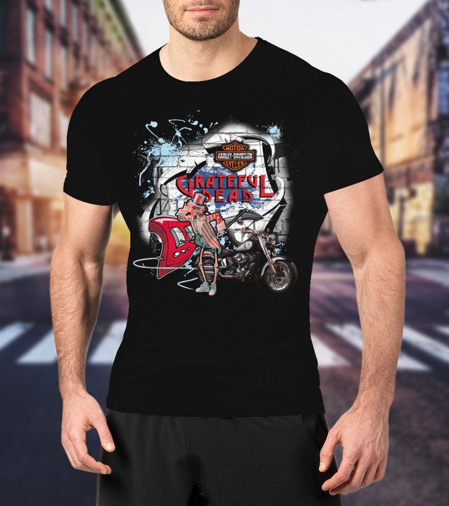 Grateful Dead Harley Davidson Motorcycle Skeleton With Guitar T-Shirt