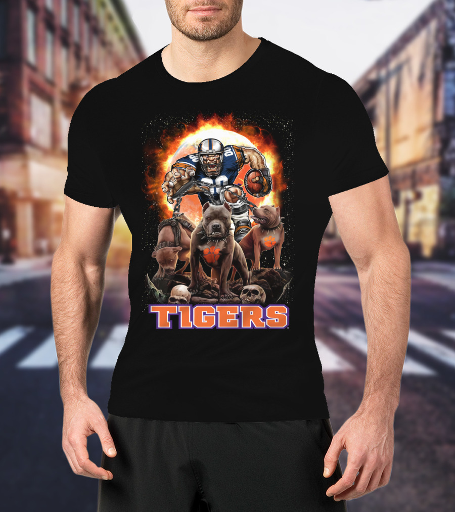 Tigers Football Warrior With Dogs And Skulls In Front Of Fiery T-Shirt
