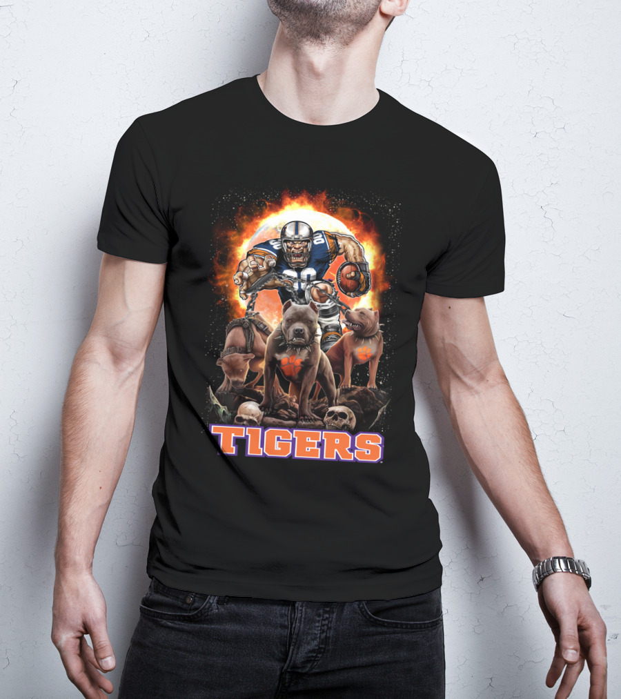 Tigers Football Warrior With Dogs And Skulls In Front Of Fiery T-Shirt