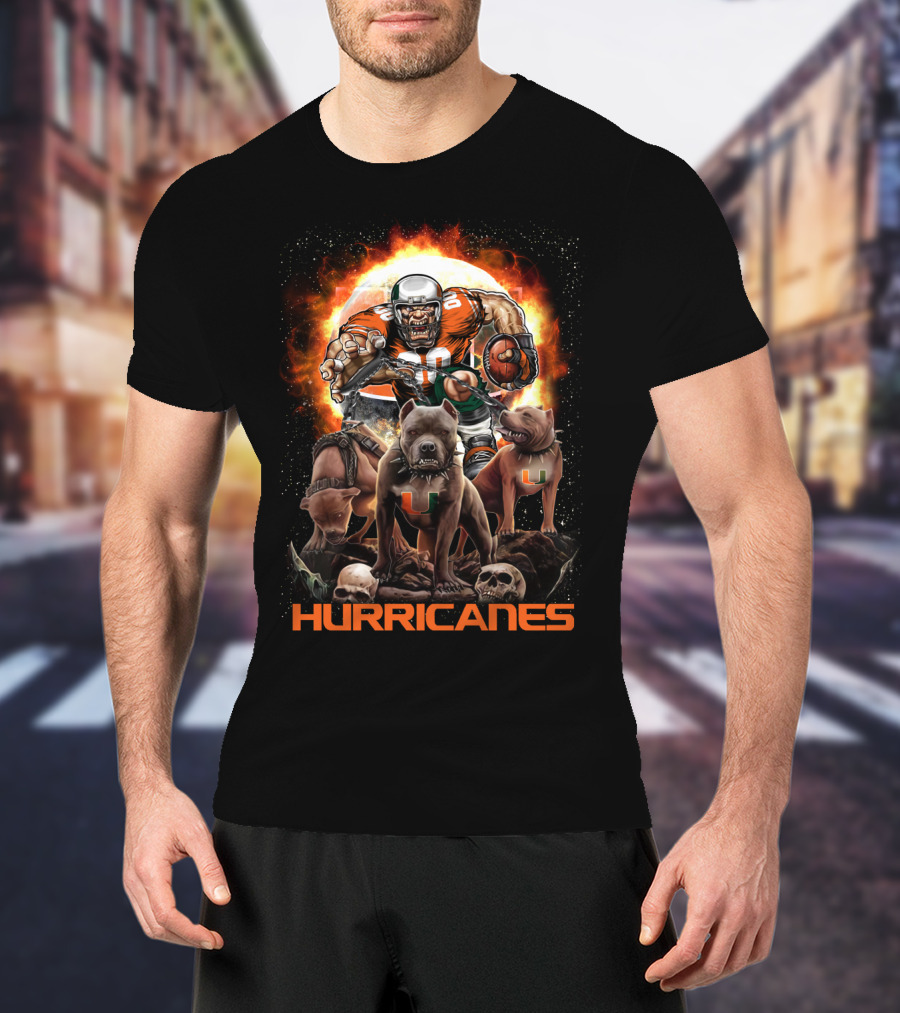 Hurricanes Dh 49 Miami Football Dogs And Skull Action Scene T-Shirt