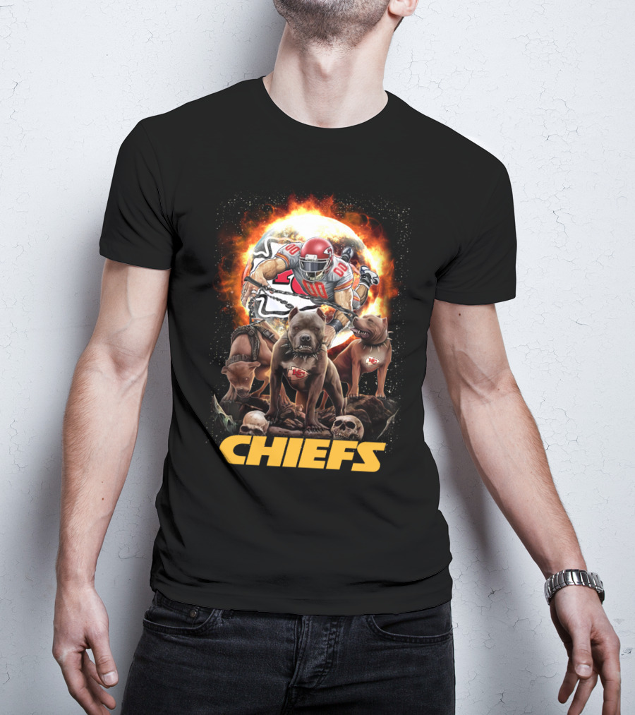 Chiefs Football Player With Dogs And Fiery T-Shirt