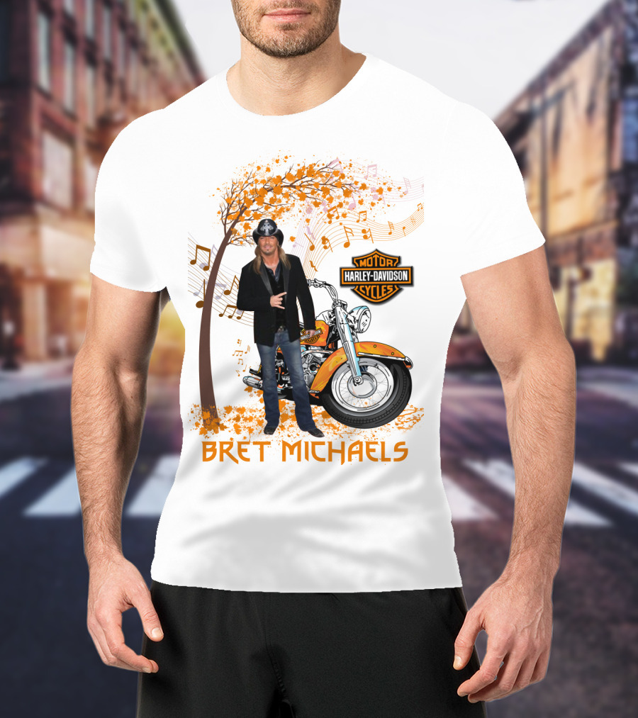 Bret Michaels Harley Davidson Motorcycles Musical Autumn Scene T-Shirt