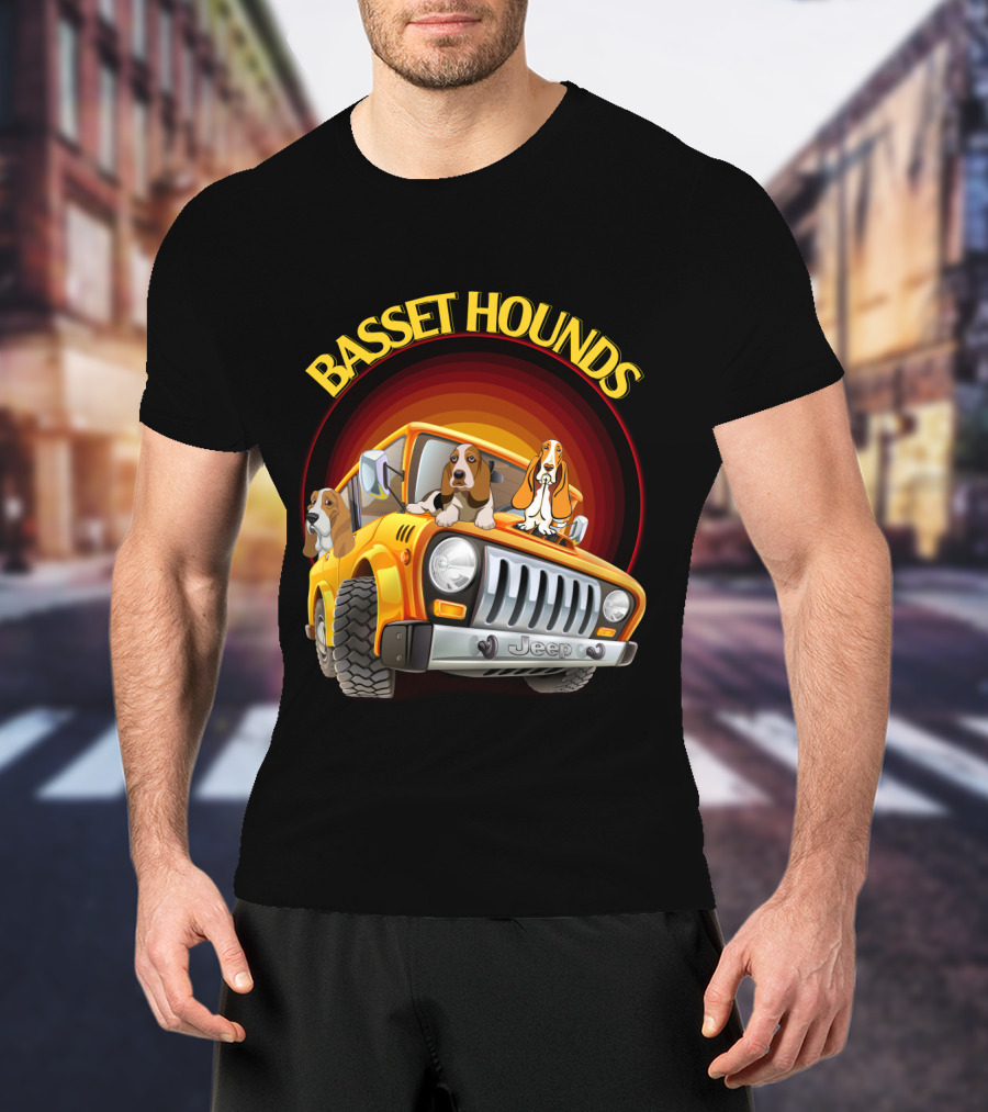 Basset Hounds Jeep Adventure With Dh 51 Basset Hounds Car T-Shirt