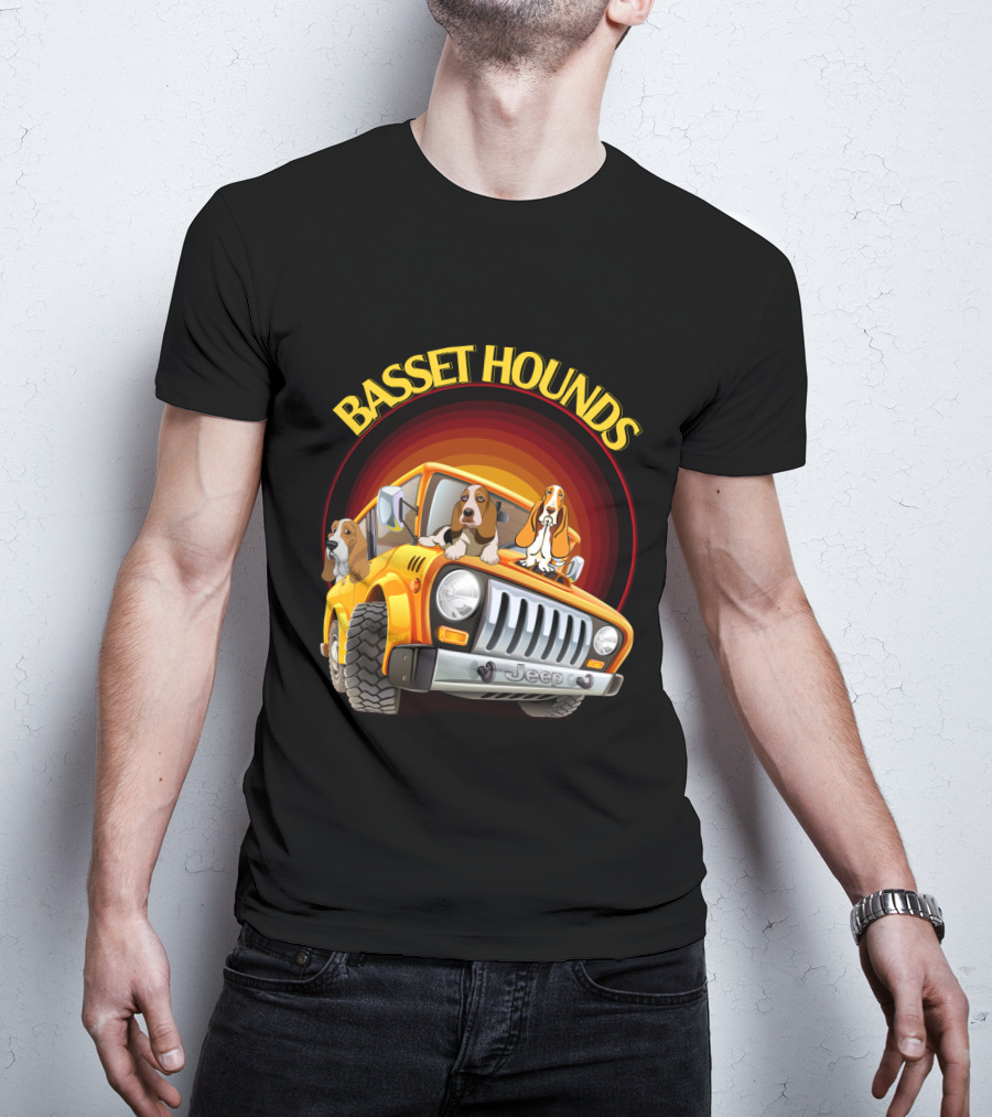 Basset Hounds Jeep Adventure With Dh 51 Basset Hounds Car T-Shirt