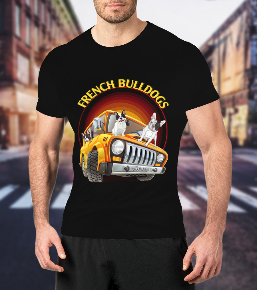 French Bulldogs In Orange Jeep T-Shirt