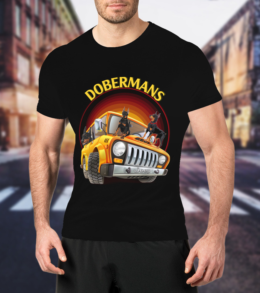 Dobermans Riding Yellow Jeep Adventure T-Shirt