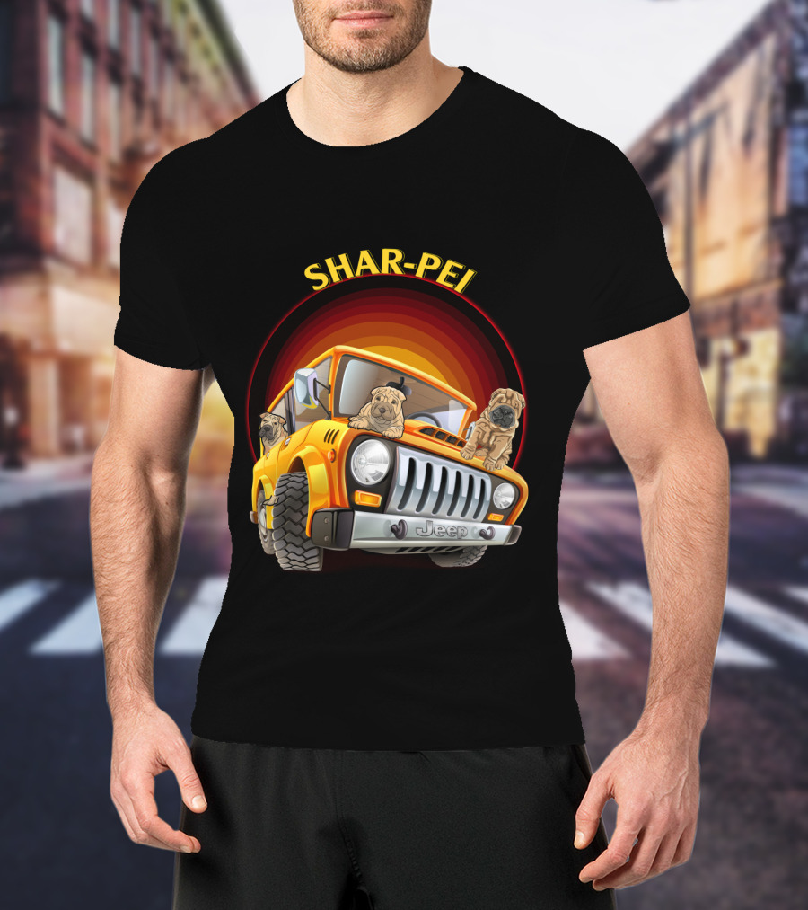 Shar-Pei Jeep Orange With Three Puppies T-Shirt