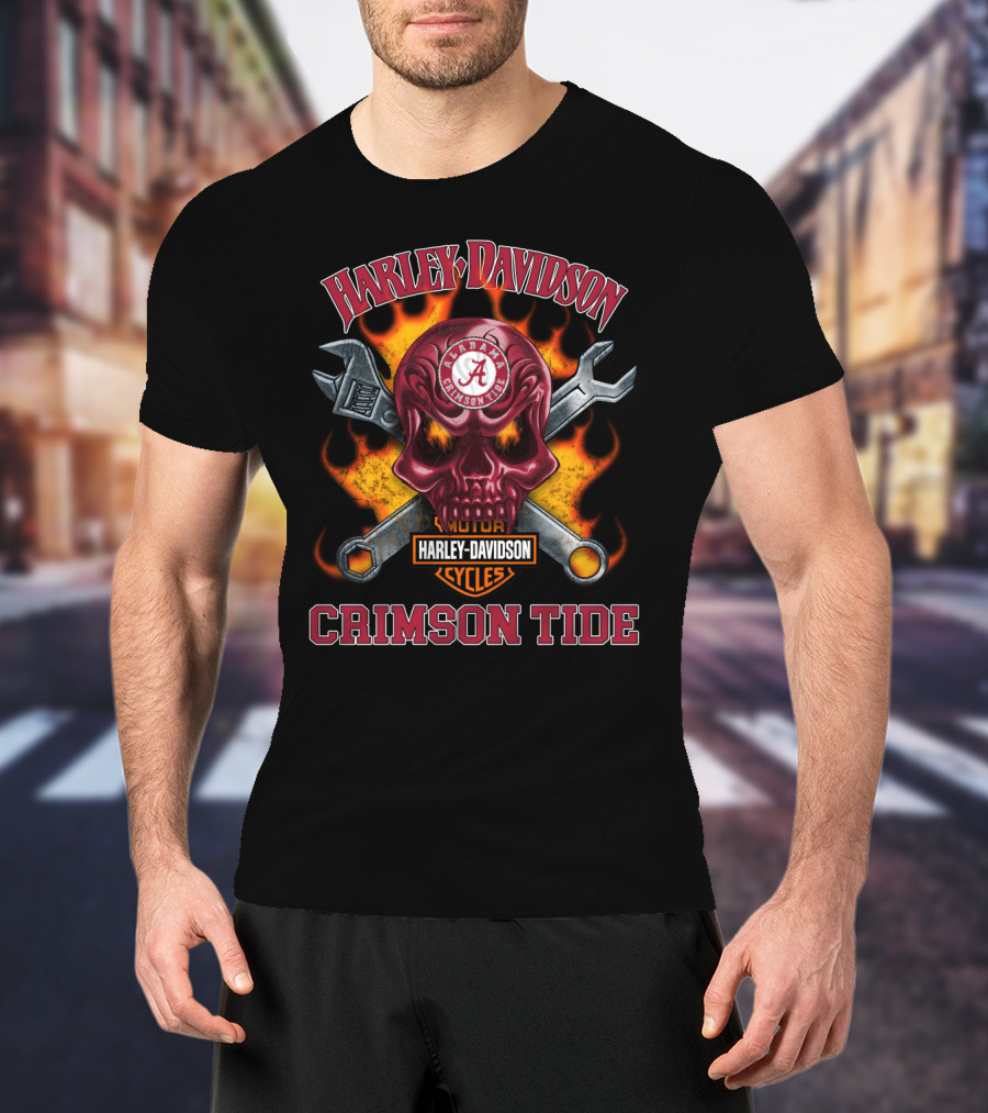 Harley Davidson Alabama Crimson Tide Skull With Wrenches And Flames T-Shirt