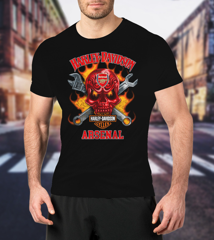 Harley Davidson Motor Cycles Arsenal Skull Wrench Flame T-Shirt