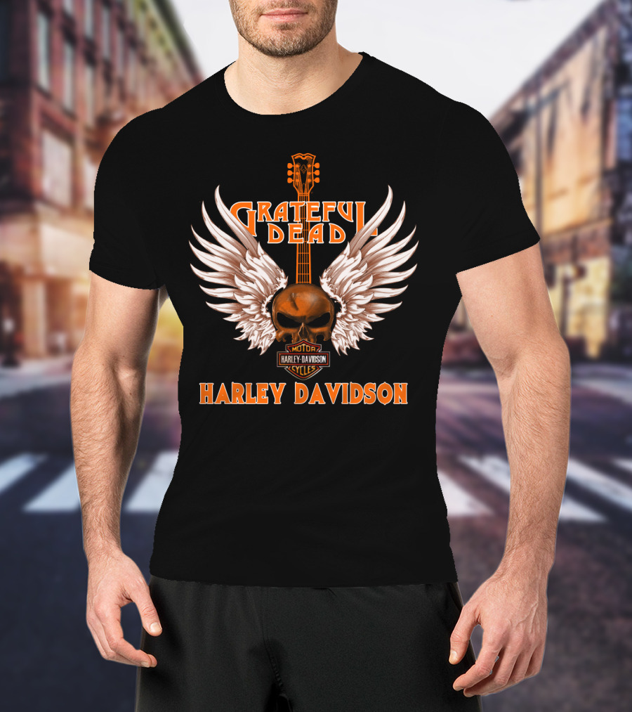 Grateful Dead Harley Davidson Skull Wings Guitar T-Shirt