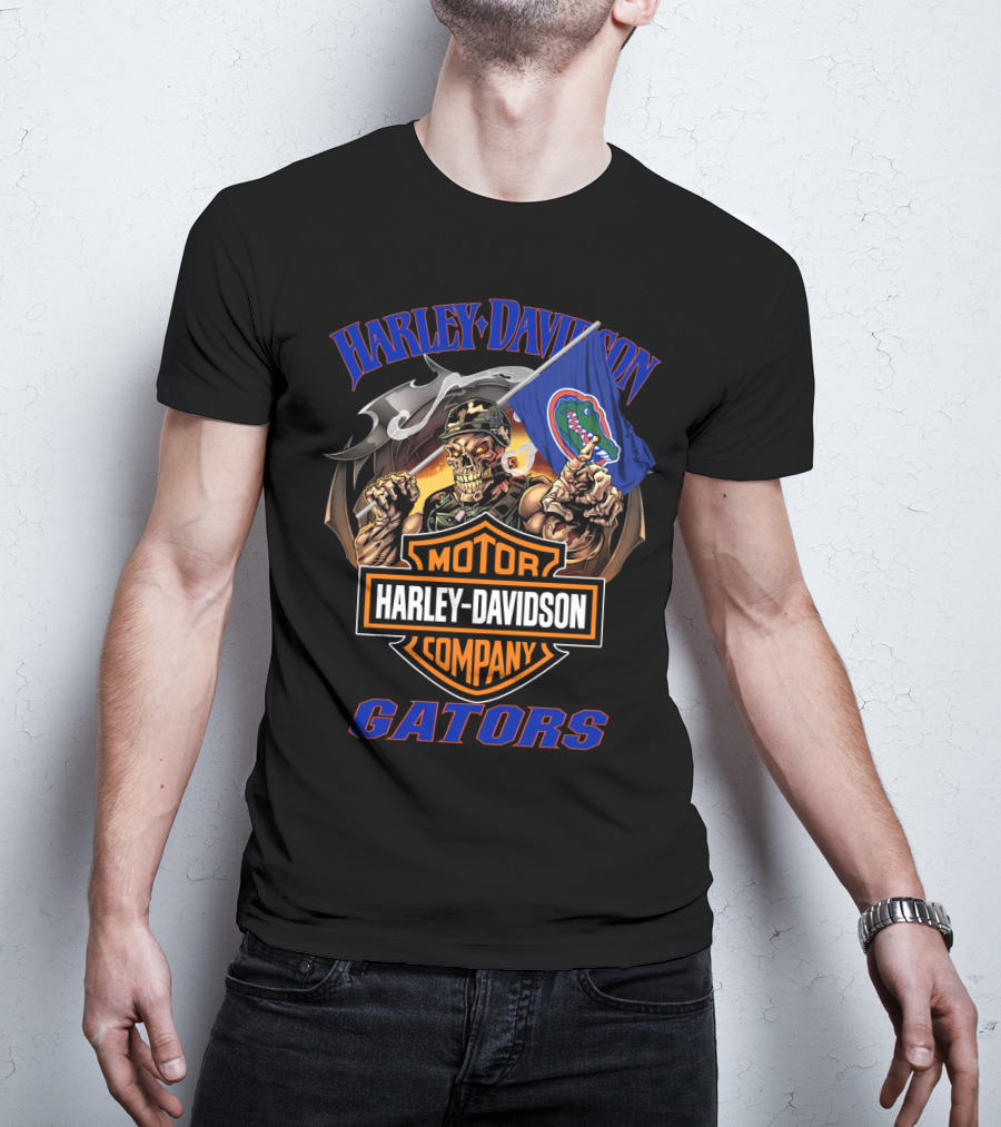 Harley Davidson Gators Skeleton With Florida Gators Flag T-Shirt