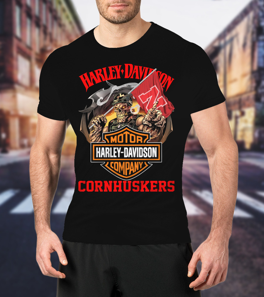 Harley Davidson Company Cornhuskers Skeleton With Nebraska Flag T-Shirt