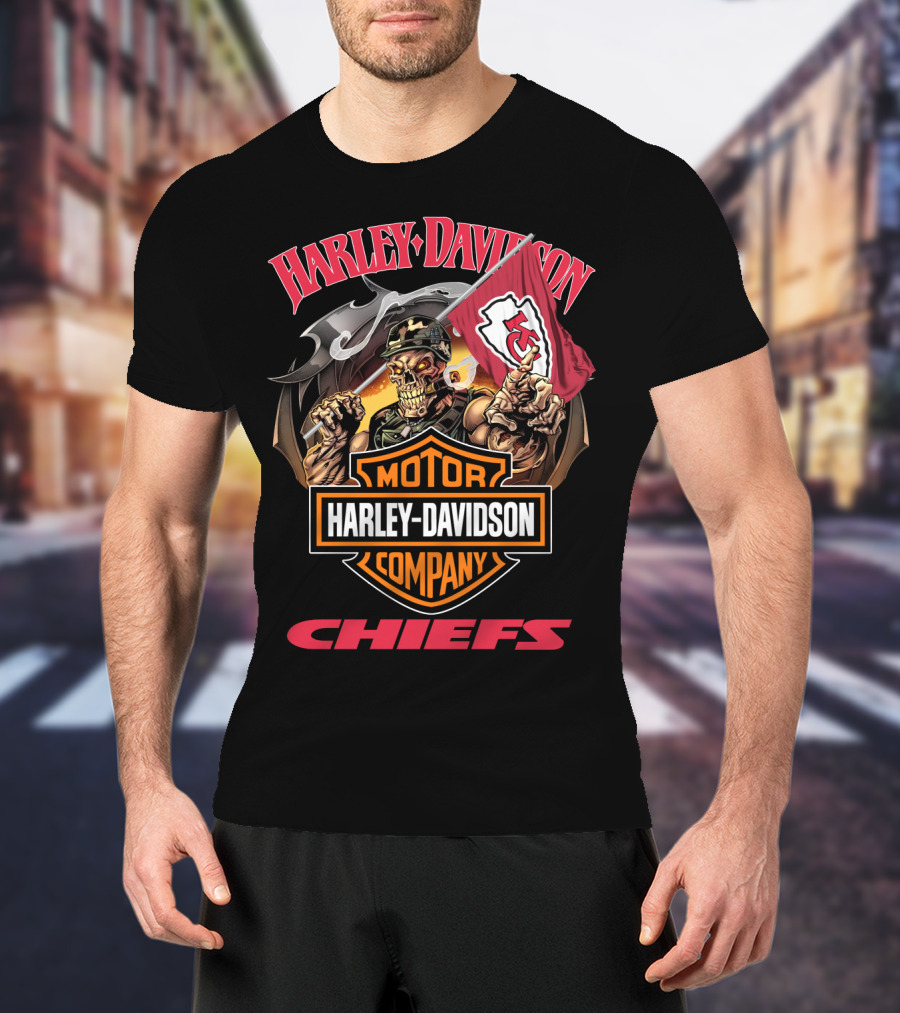 Harley Davidson Company Chiefs Kansas City Flag Skeleton Rider T-Shirt