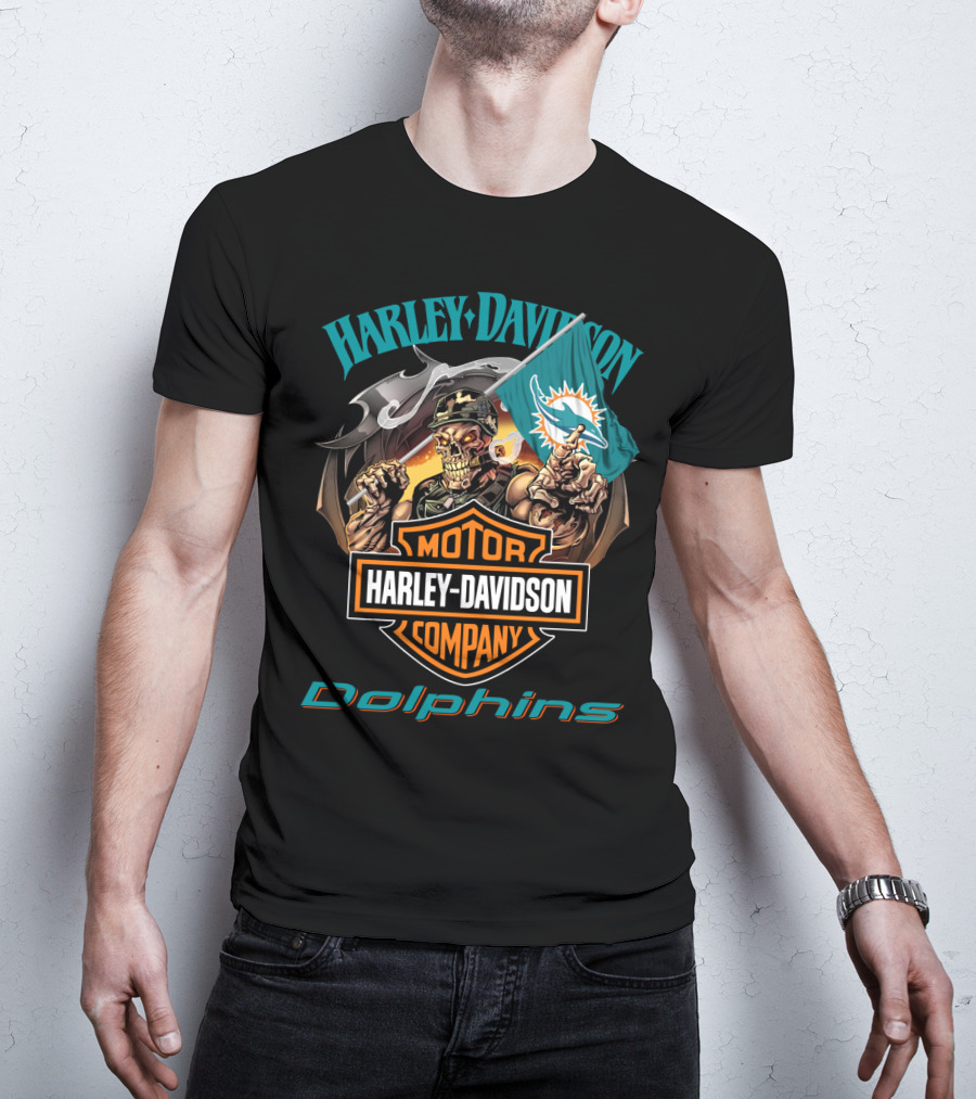 Harley Davidson Miami Dolphins Skeleton Holding Flag T-Shirt