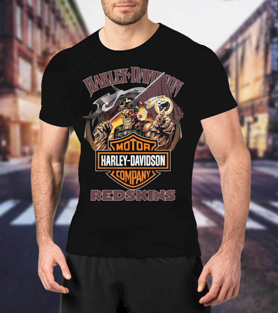 Harley Davidson Redskins Skeleton Holding Flag T-Shirt